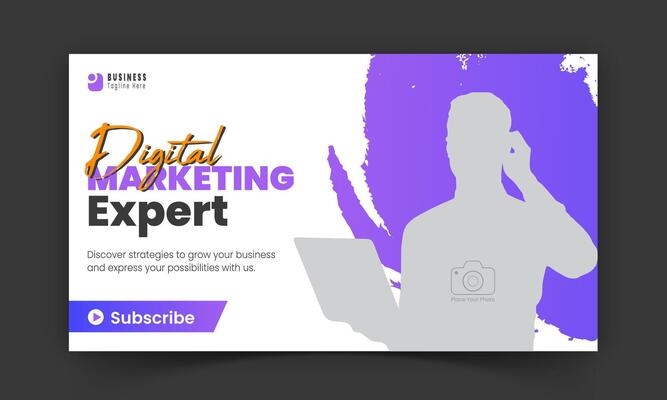 Digital marketing expert video thumbnail and social media cover design for business promotion, corporate and modern live video streaming abstract purple color shape and white background