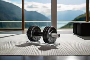 AI generated Dumbbell workout on luxury carpet with natural landscape view window. Generate ai photo