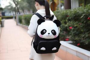 ai generado Moda mochila felpa animal panda lindo. generar ai foto