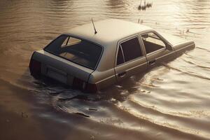 AI generated Car drowning in flood. Generate ai photo