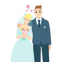 A couple of newlyweds in love - a man and a woman. Married bride and groom. Flat vector illustration. Isolated on white background