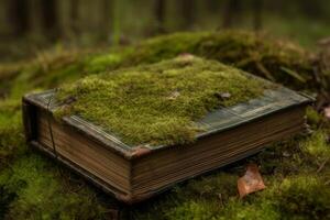 AI generated Ancient book moss on soil ground. Generate Ai photo