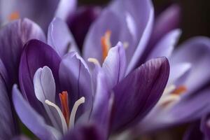 AI generated Purple crocus flowers closeup with orange stamens. Generate Ai photo
