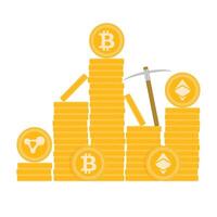Crypto assets coins, stacks on cryptocurrency, financial crypto fund. Vector illustration. Digital coin, finance profit, crypto economy, virtual gold cash, bitcoin blockchain market
