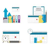 Financial calendar and schedule of payments, increase income and report financial statements. Vector illustration. Business money, cash chart graphic, company statistics, annual company day