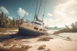 AI generated Sailing boat destroyed after marine storm. Generate ai photo