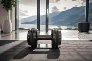 AI generated Dumbbell equipment on luxuries carpet home fitness area. Generate ai photo