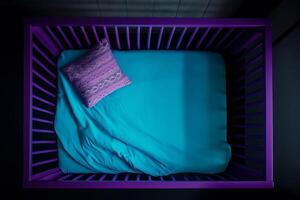 AI generated Vibrant purple empty toddler modern bed with pillow. Generate ai photo