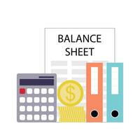 Balance sheet concept, calculation budget and planning. Vector illustration. Financial accounting document, balance reporting sheet, data papperwork, budgeting control, office cash data