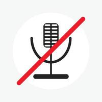 Mute microphone icon, no sound voice, silent mode. Vector illiustration. Black microphone symbol shilouette, communication equipment off, voice mute button, ban line no voice, disabled speaker