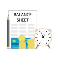 Balance sheet of company, audit finance and plan budget. Vector illustration. Analysis budget risk, statment story, monthly checklist, data statistics, salary review, company money olan