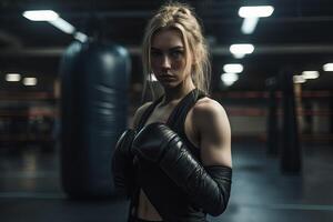 AI generated Gorgeous blonde boxing girl with gloves. Generate ai photo