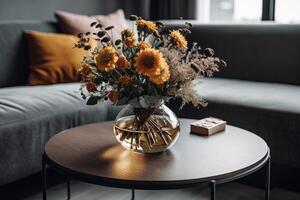 AI generated Glass vase with yellow flowers on wooden table. Generate Ai photo
