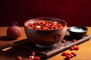 AI generated Chinese red bean soup on wooden stand. Generate Ai photo