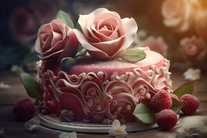 AI generated Birthday cake with patterns and pink roses. Generate Ai photo