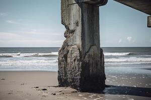 AI generated Bridge support pillar on ocean beach. Generate ai photo