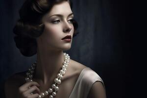 AI generated Elegant woman wearing pearl necklace. Generate ai photo