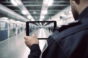 AI generated Security guard monitoring with tablet gadget. Generate ai photo