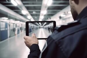 AI generated Security guard monitoring with tablet gadget. Generate ai photo