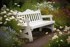 ai generado blanco de madera banco en verde jardín. generar ai foto