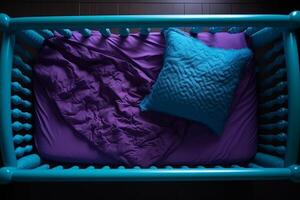 AI generated Top view of vibrant purple blue empty child bed. Generate ai photo