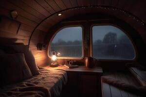 AI generated Tiny caravan living space interior rainy nighttime. Generate ai photo