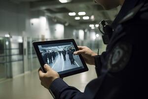 ai generado seguridad Guardia con vídeo rastreo cámara la seguridad tableta. generar ai foto