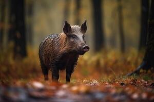 AI generated Wild boar in autumnal forest. Generate ai photo