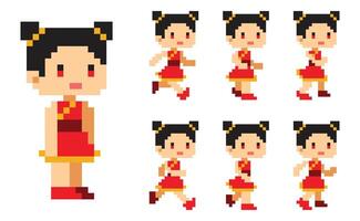 Pixel art chinese girl character run animation vector
