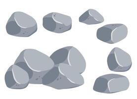 Set of stones. Gray cobblestone. Element of nature and mountains. Items for decoration and background. Flat cartoon. Boulder cobble debris. Block granite material. vector