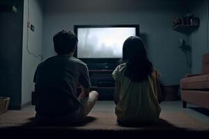 AI generated Back view teenage Indian girl and boy watching tv. Generate ai photo