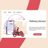 Delivery service landing page. Courier on scooter. Order fast food delivery, pizzeria page and navigation page. Vector illuistration