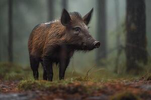 ai generado salvaje Jabali animal en brumoso bosque. generar ai foto