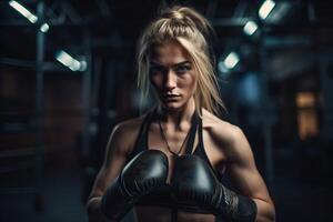 AI generated Blonde fighter with kickboxing gloves. Generate ai photo