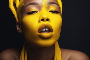 ai generado africano mujer con amarillo cara polvo constituir. generar ai foto