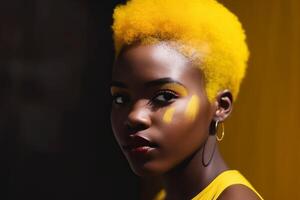 ai generado africano mujer retrato con amarillo peinado. generar ai foto