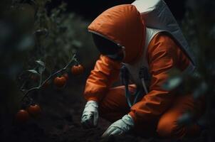 AI generated Astronaut planting plants. Generate AI photo