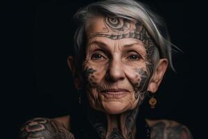 AI generated Elderly woman with tattoos. Generate AI photo