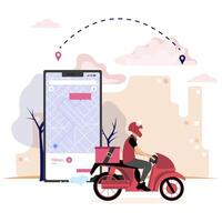 Delivery pizza fast food by mobile application. Driver on moped, tracking courier on map, motorbike city drive from restaurant, service delivery. Vector illustration