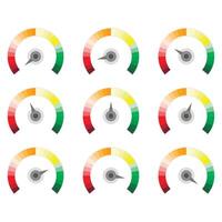 Set score credit scales, indices spectrum level. Collection of indicate gauge, speedometer performance, satisfaction rate and meter rating, bank infographic with arrow pointer illustration vector
