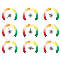 Set score credit scales, indices spectrum level. Collection of indicate gauge, speedometer performance, satisfaction rate and meter rating, bank infographic with arrow pointer illustration vector