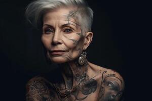 AI generated Portrait old lady with tattoos. Generate AI photo