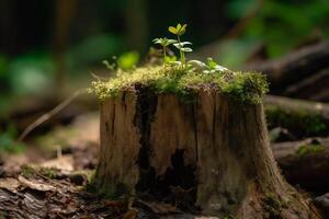 AI generated New plant sprout growing on dried tree trunk. Generate ai photo