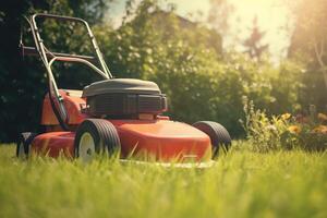 AI generated Lawn mower machine in verdant backyard. Generate ai photo