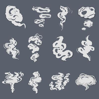 Smoke set effects, cartoon steam clouds, puff and mist, fog watery vapour and dust explosion. Vector smoky design icon, stink effect white, trail illustrated fume illustration. Dust and gas air curve
