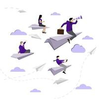 Business team flying on paper plane. Confident people on paper airplane, leadership vision, management searching, manager follow to professional, vector illustration