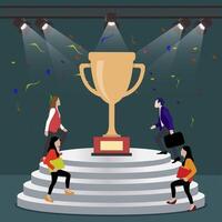 People climb on stairs to golden cup, business competitive concept. Businessman going to achievement, illustration or leadership competition, manager rise challenge vector