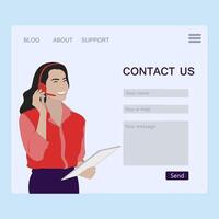 Contact us page, feed back and interface to send message. Vector hotline and feedback, phone chat, website online page, web operator support illustration