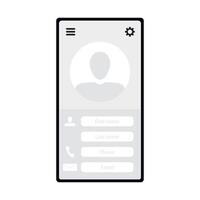 Template of page contact in smartphone with name, email and number phone. Smartphone screen interface, mobile layout information with number phone and username. Vector illustration