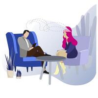 Psychology session, conversation and consultation face to face, psychoanalysis help by psychologist, discussion with patien and try to solve mental problem. Psychoanalysis vector illustration